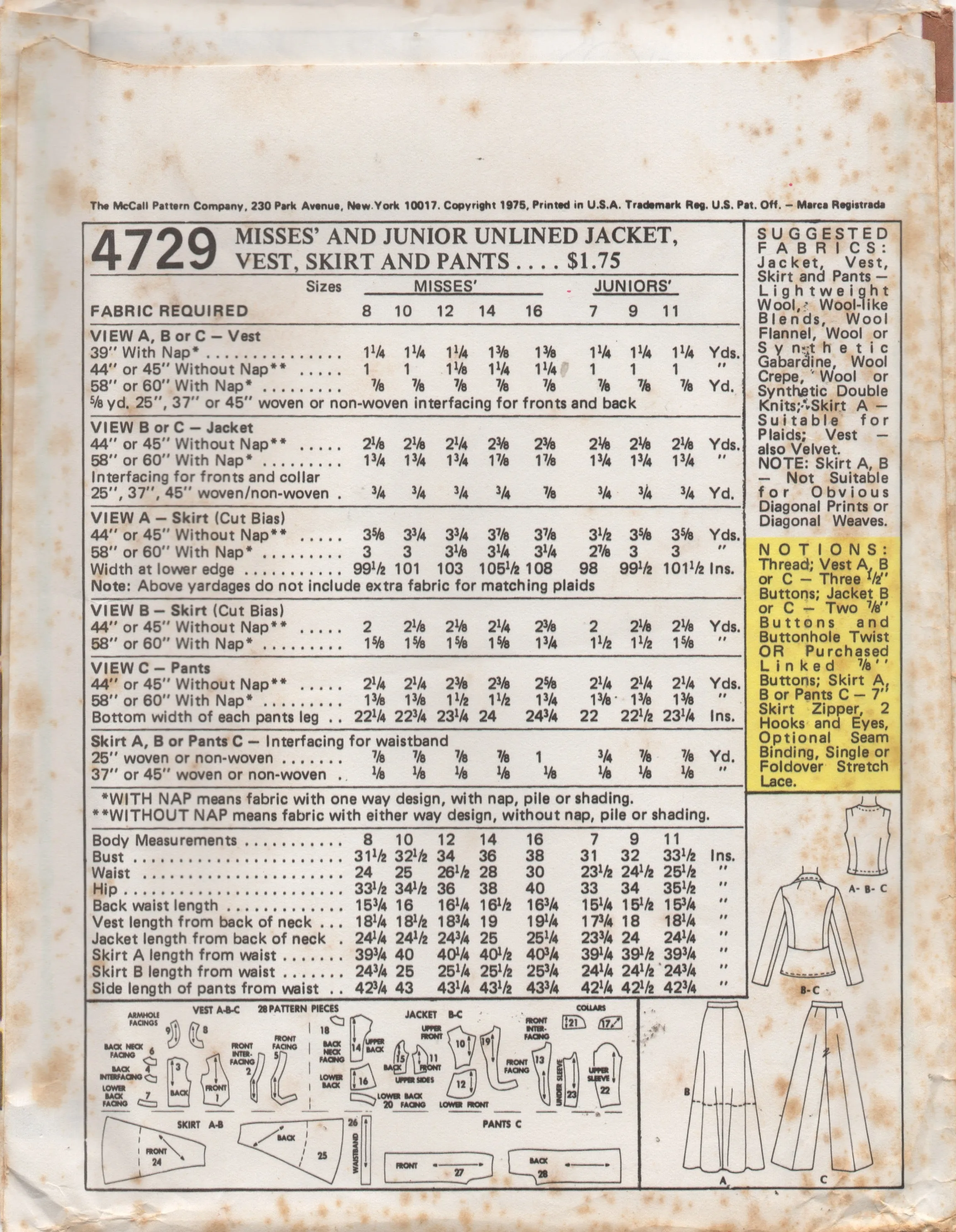 1970's McCall's Button Up Vest, Unlined Jacket and Wide Leg Pants or Flared Skirt with Yoke pattern - Marlo's Corner - Bust 32-33.5" - No. 4729