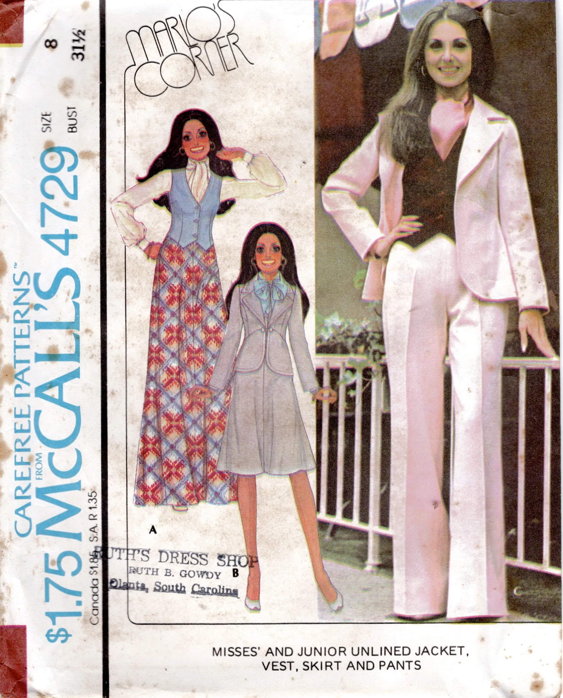 1970's McCall's Button Up Vest, Unlined Jacket and Wide Leg Pants or Flared Skirt with Yoke pattern - Marlo's Corner - Bust 32-33.5" - No. 4729