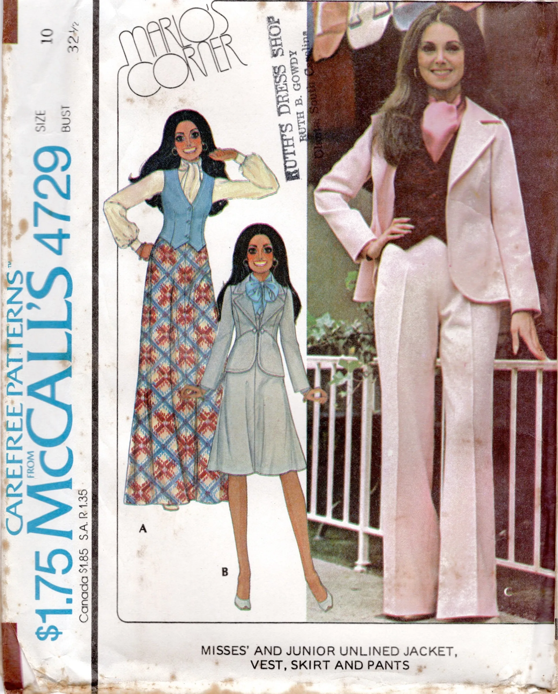 1970's McCall's Button Up Vest, Unlined Jacket and Wide Leg Pants or Flared Skirt with Yoke pattern - Marlo's Corner - Bust 32-33.5" - No. 4729