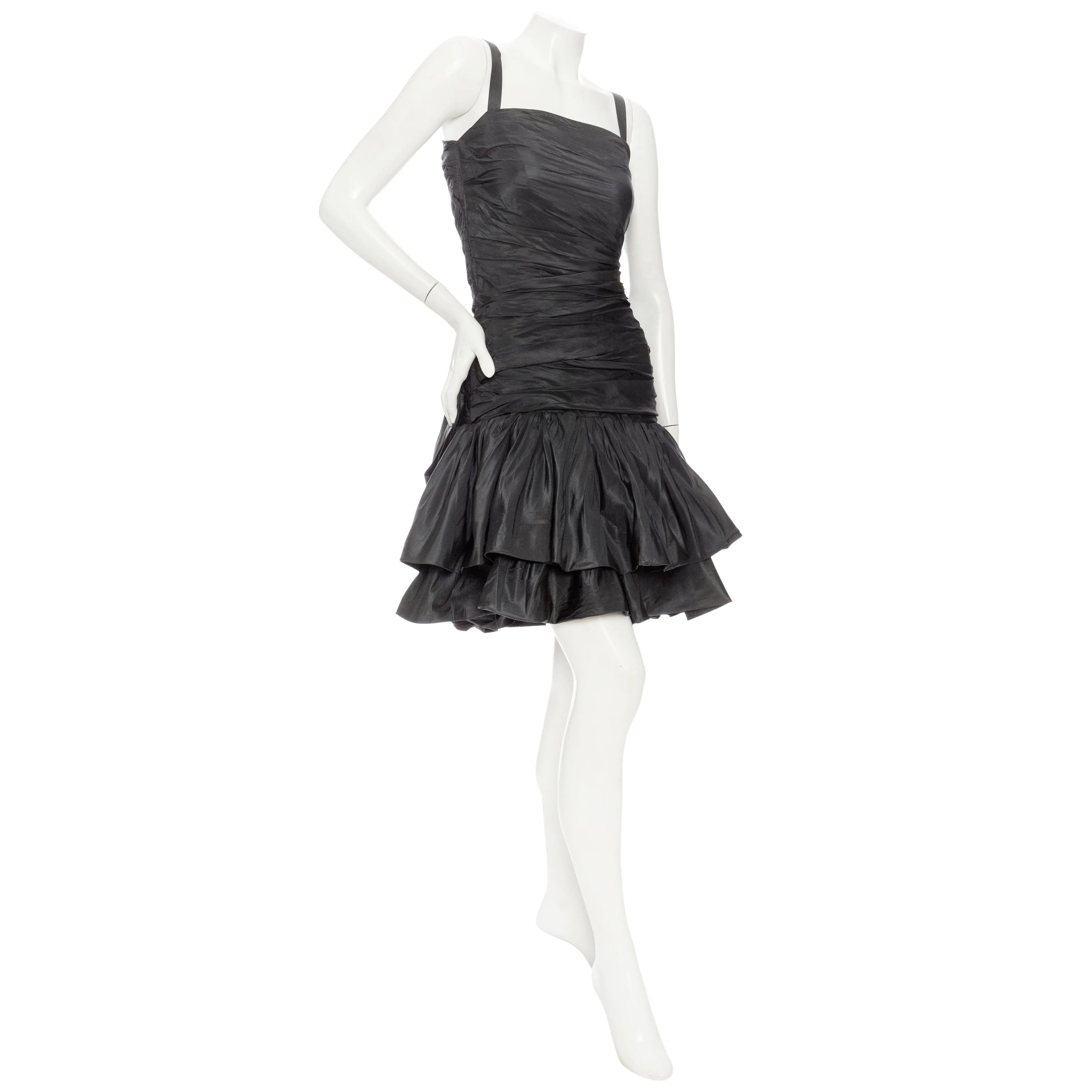 1980s Gray Taffeta Ruched Cocktail Dress