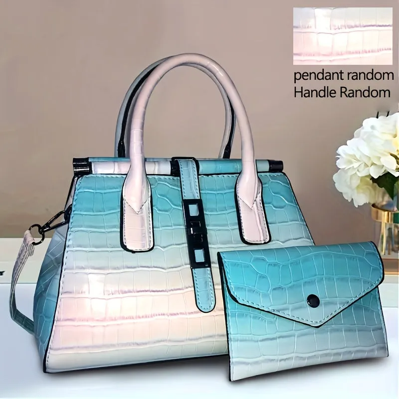 2Pcs Stylish Gradient Color Crocodile Pattern Tote Bag Set with Adjustable Strap - Multi-Pocket Organizer, Polyester Lining, and Detachable Clutch - Perfect Commuter Handbag with Zipper Closure