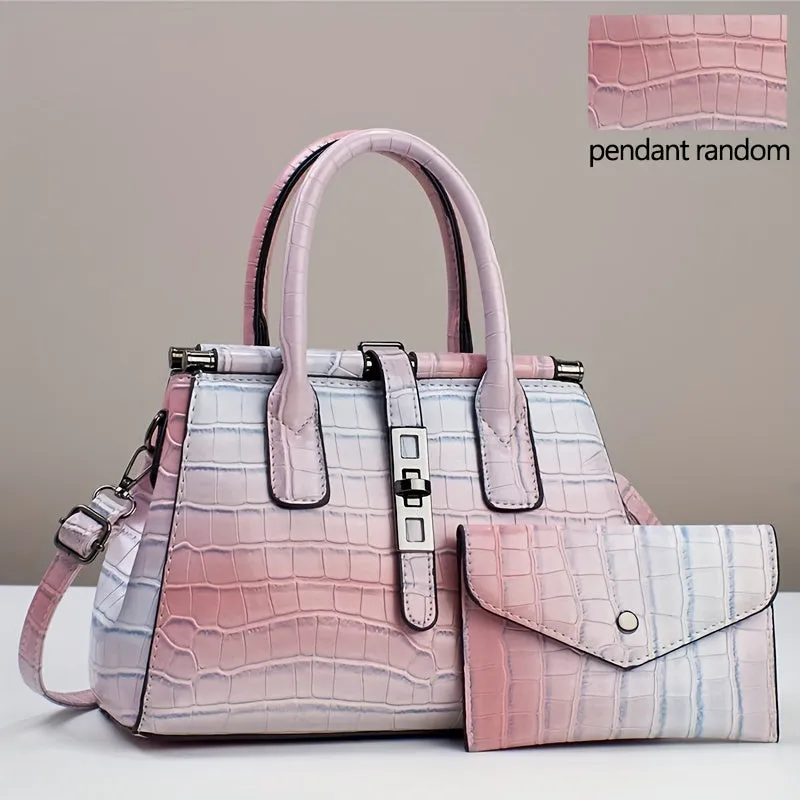 2Pcs Stylish Gradient Color Crocodile Pattern Tote Bag Set with Adjustable Strap - Multi-Pocket Organizer, Polyester Lining, and Detachable Clutch - Perfect Commuter Handbag with Zipper Closure