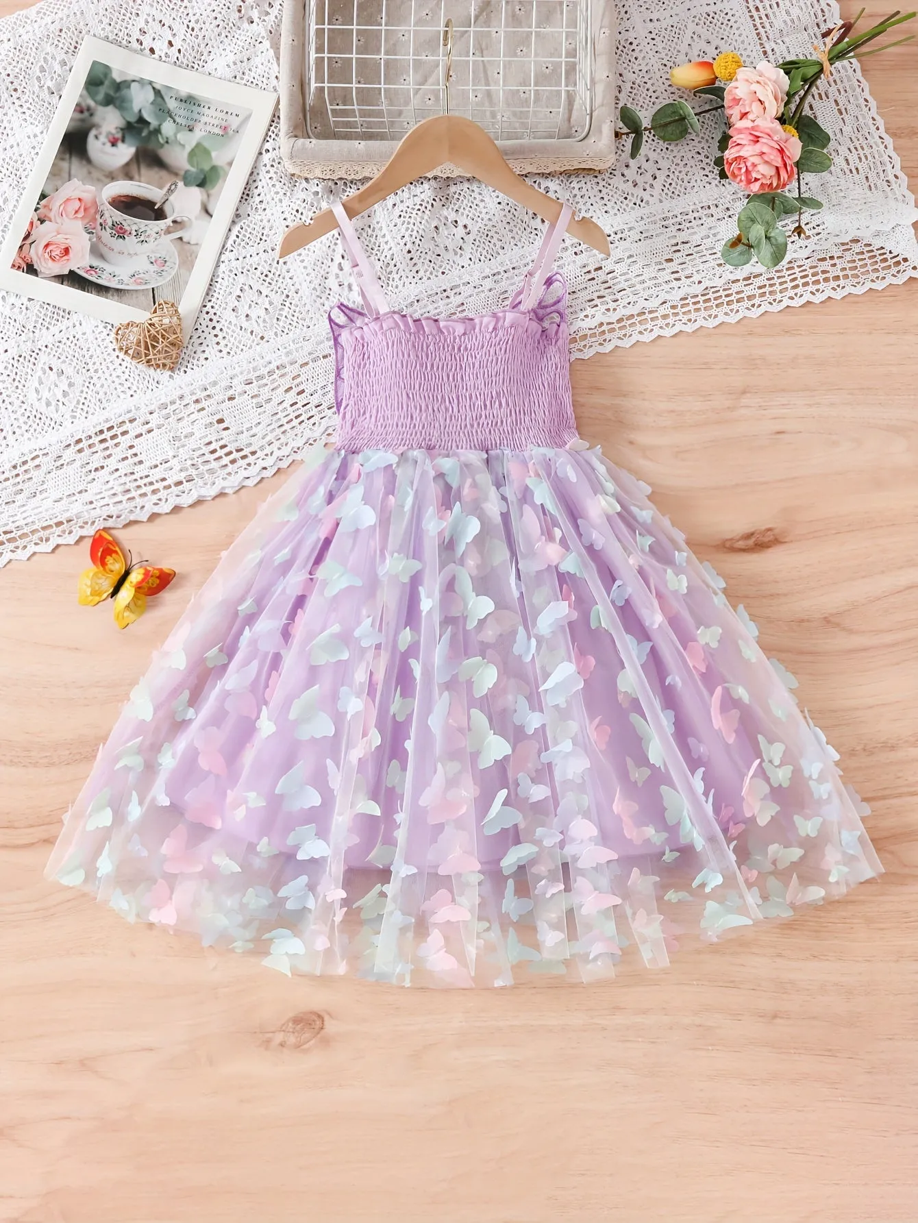 95% Cotton Girls' Princess Cami Dress with Sweet Butterfly Wings & Gradient Tulle - Perfect for Summer Parties & Birthday Celebrations