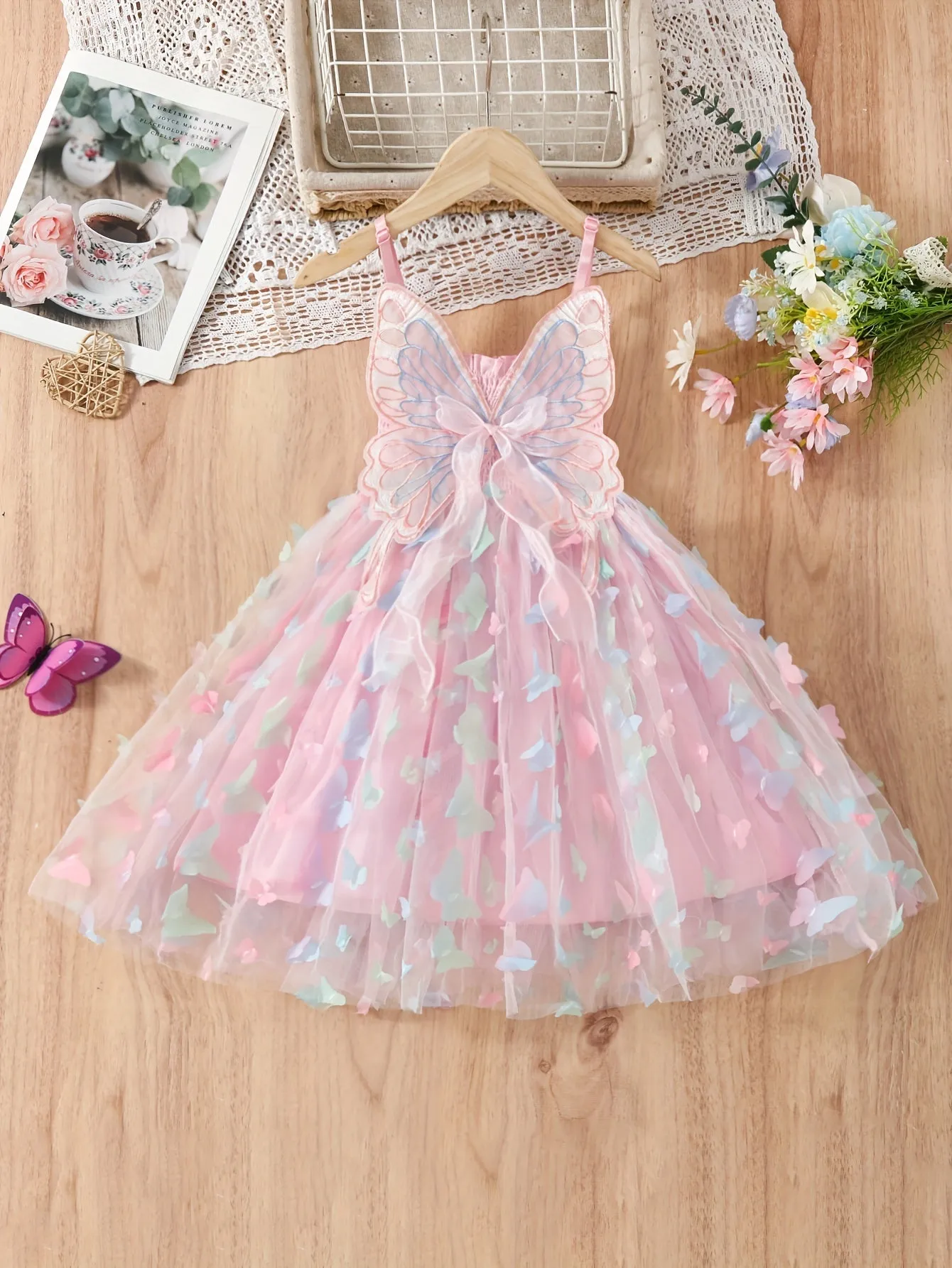 95% Cotton Girls' Princess Cami Dress with Sweet Butterfly Wings & Gradient Tulle - Perfect for Summer Parties & Birthday Celebrations