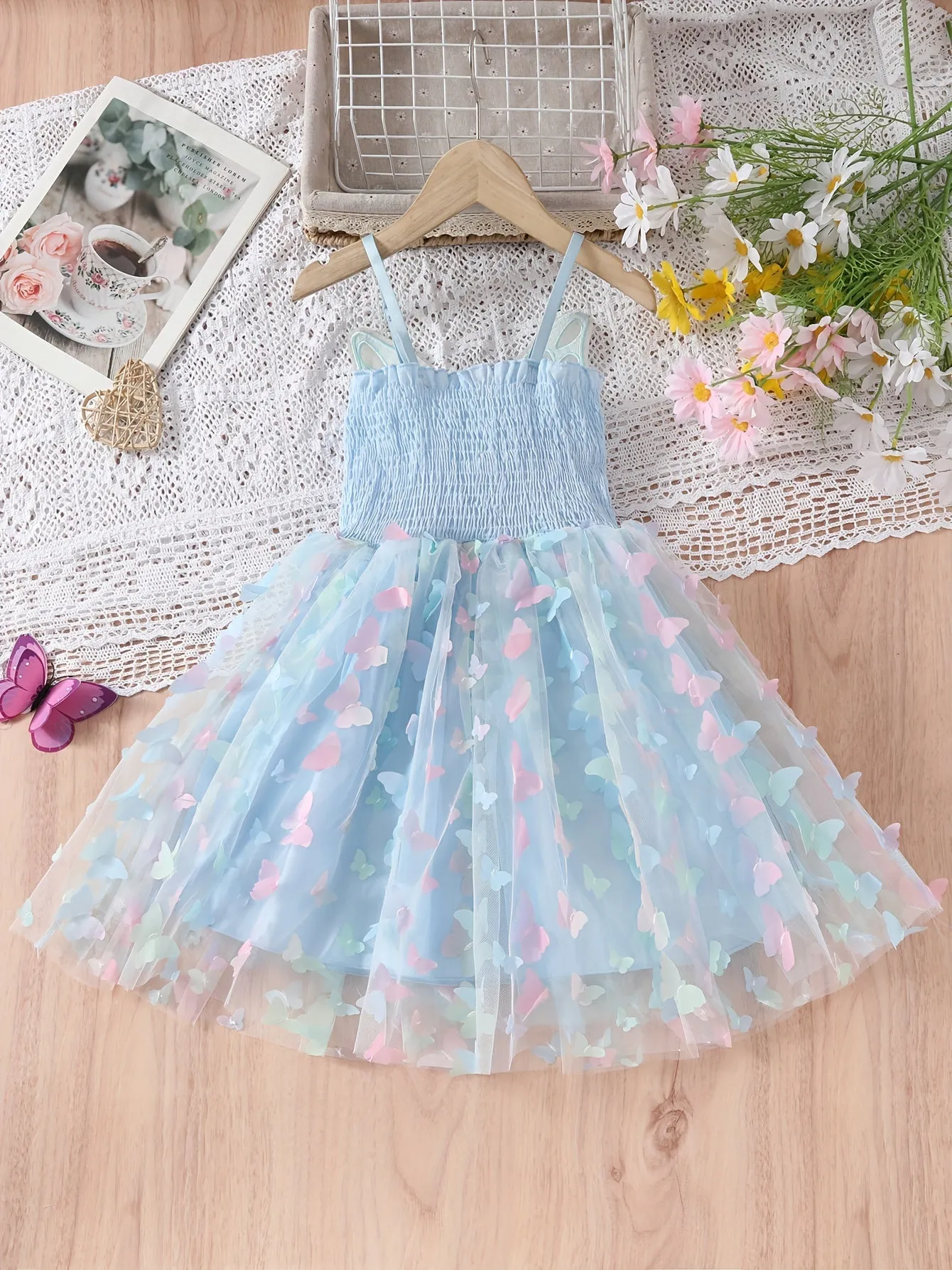 95% Cotton Girls' Princess Cami Dress with Sweet Butterfly Wings & Gradient Tulle - Perfect for Summer Parties & Birthday Celebrations