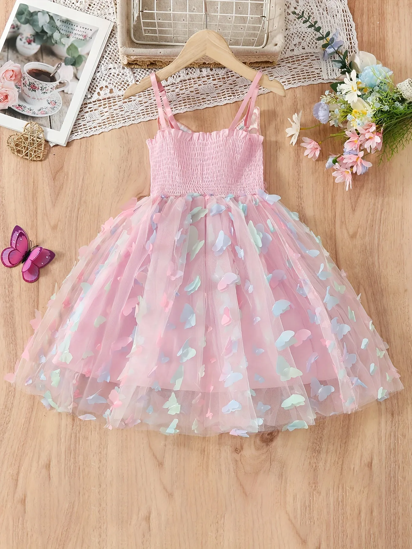 95% Cotton Girls' Princess Cami Dress with Sweet Butterfly Wings & Gradient Tulle - Perfect for Summer Parties & Birthday Celebrations