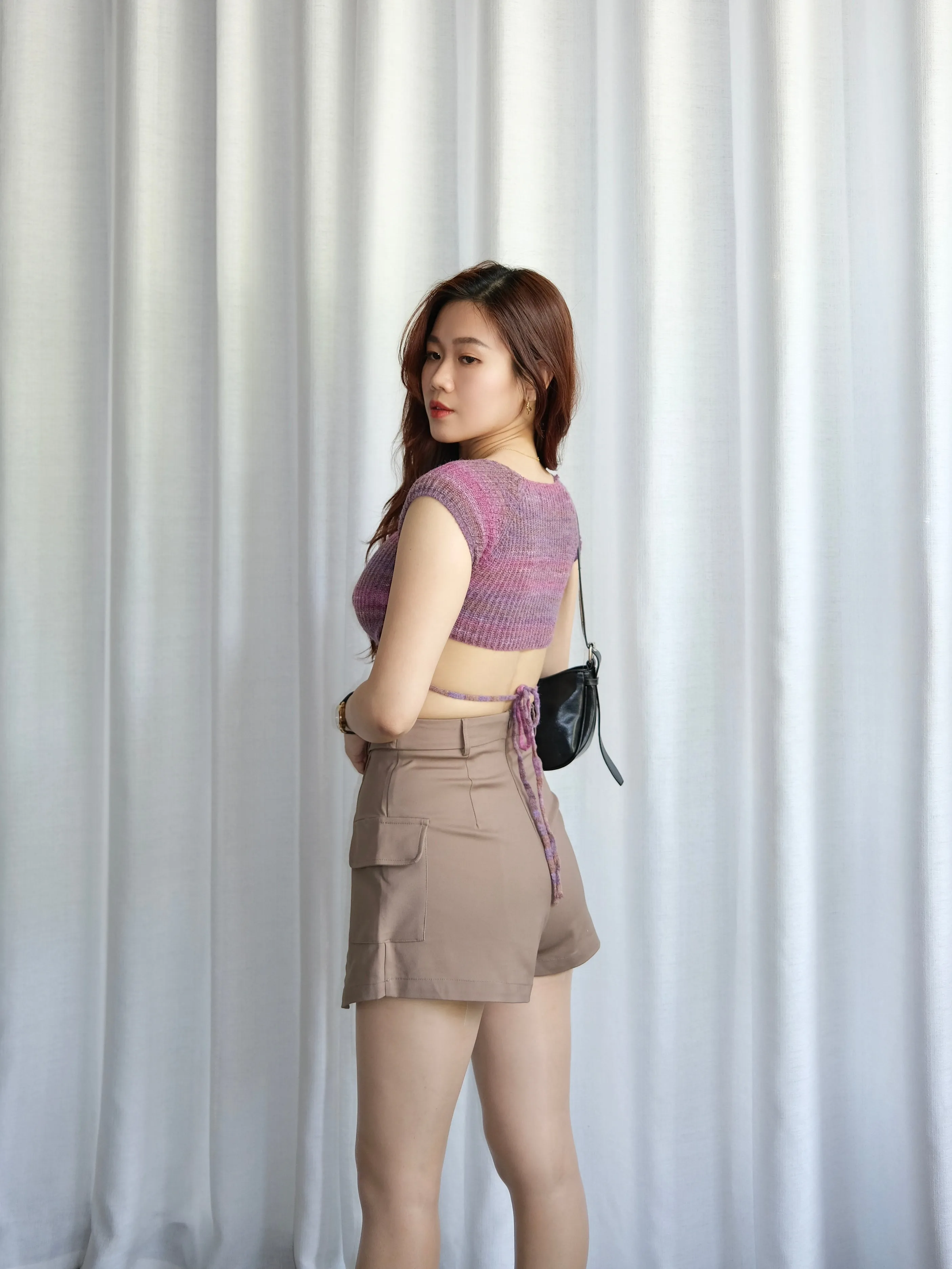 ACEWIN Gradient Tie Waist Knit Crop Top (Free Size) 110335