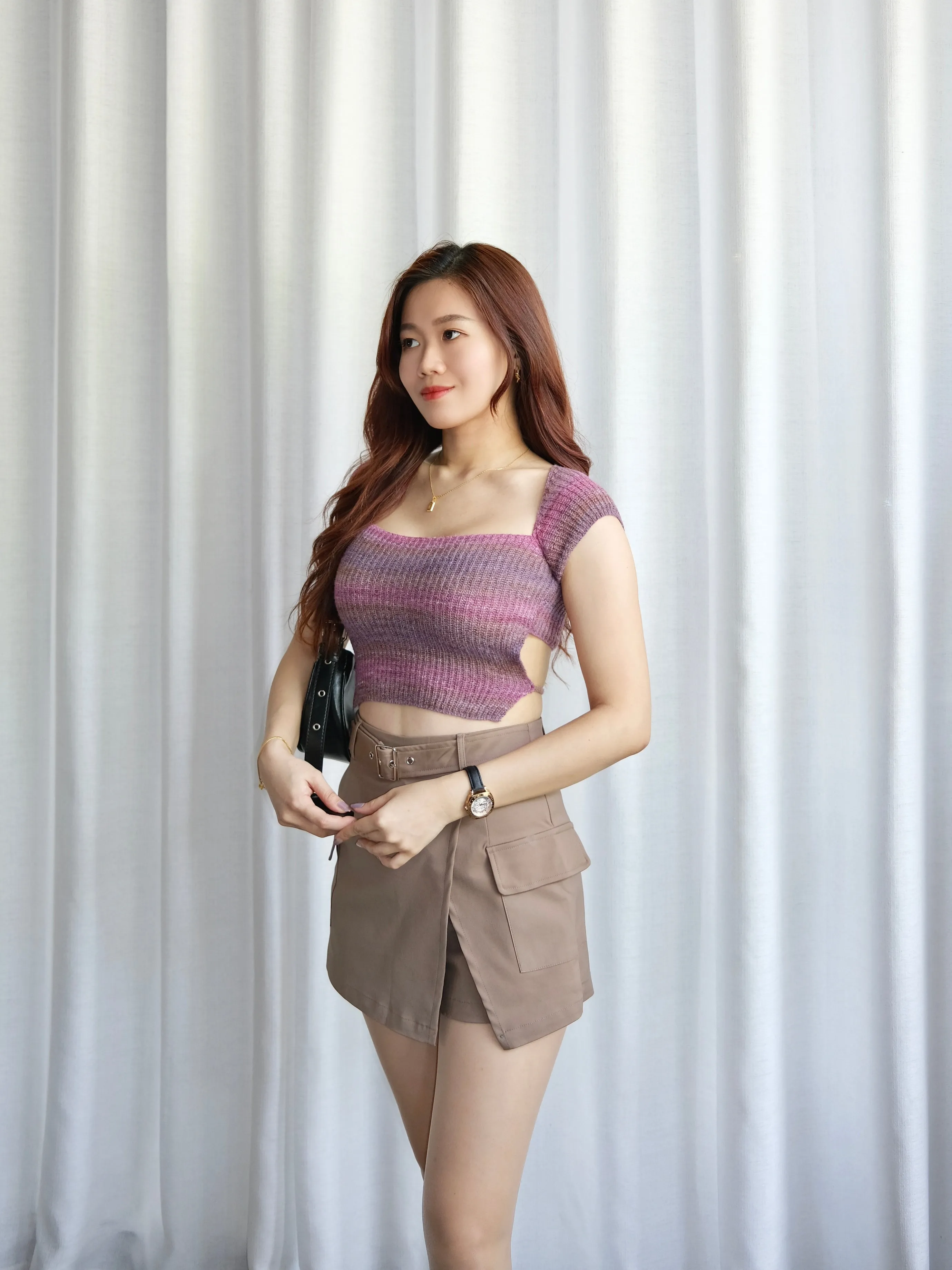 ACEWIN Gradient Tie Waist Knit Crop Top (Free Size) 110335