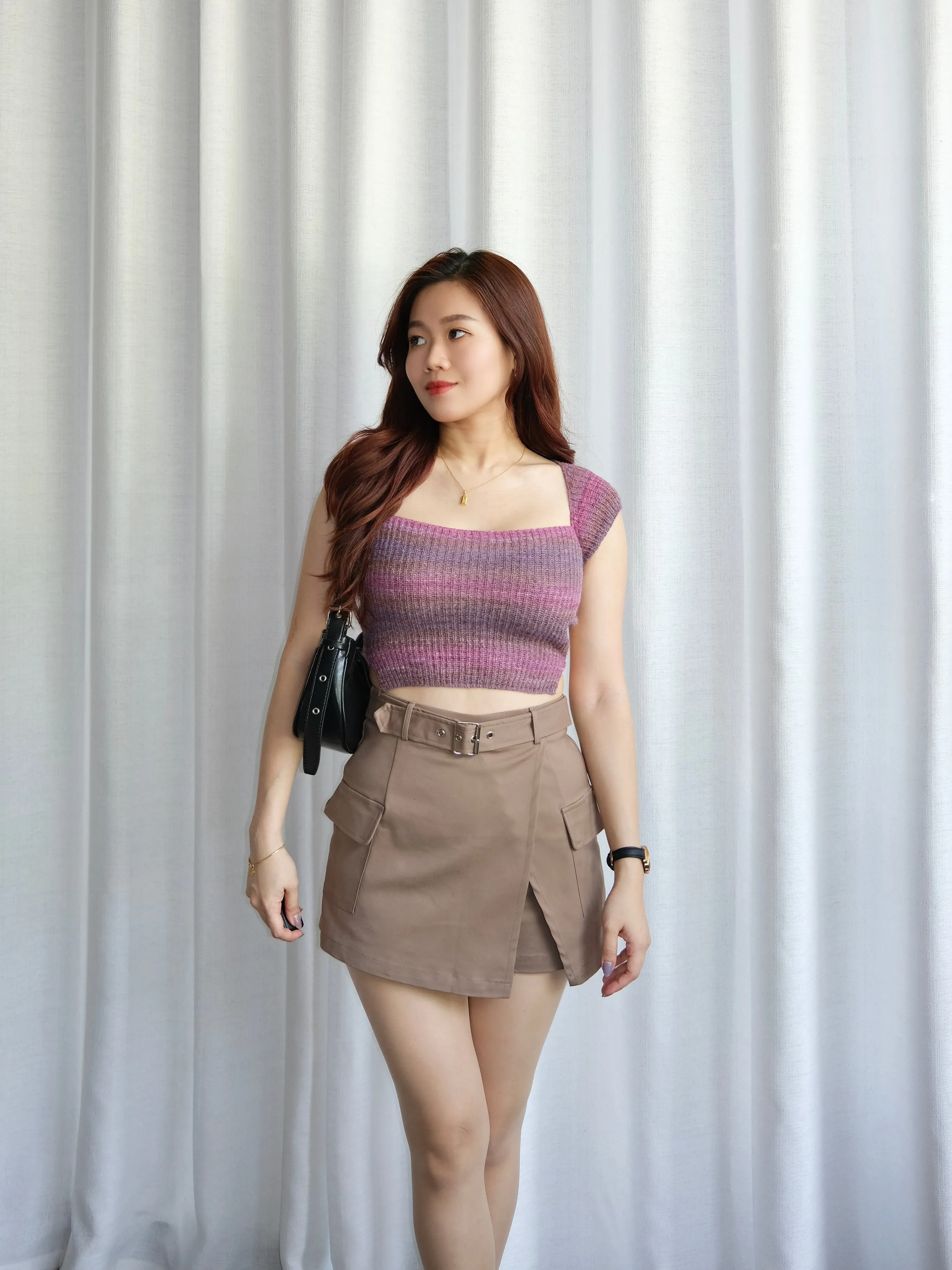 ACEWIN Gradient Tie Waist Knit Crop Top (Free Size) 110335