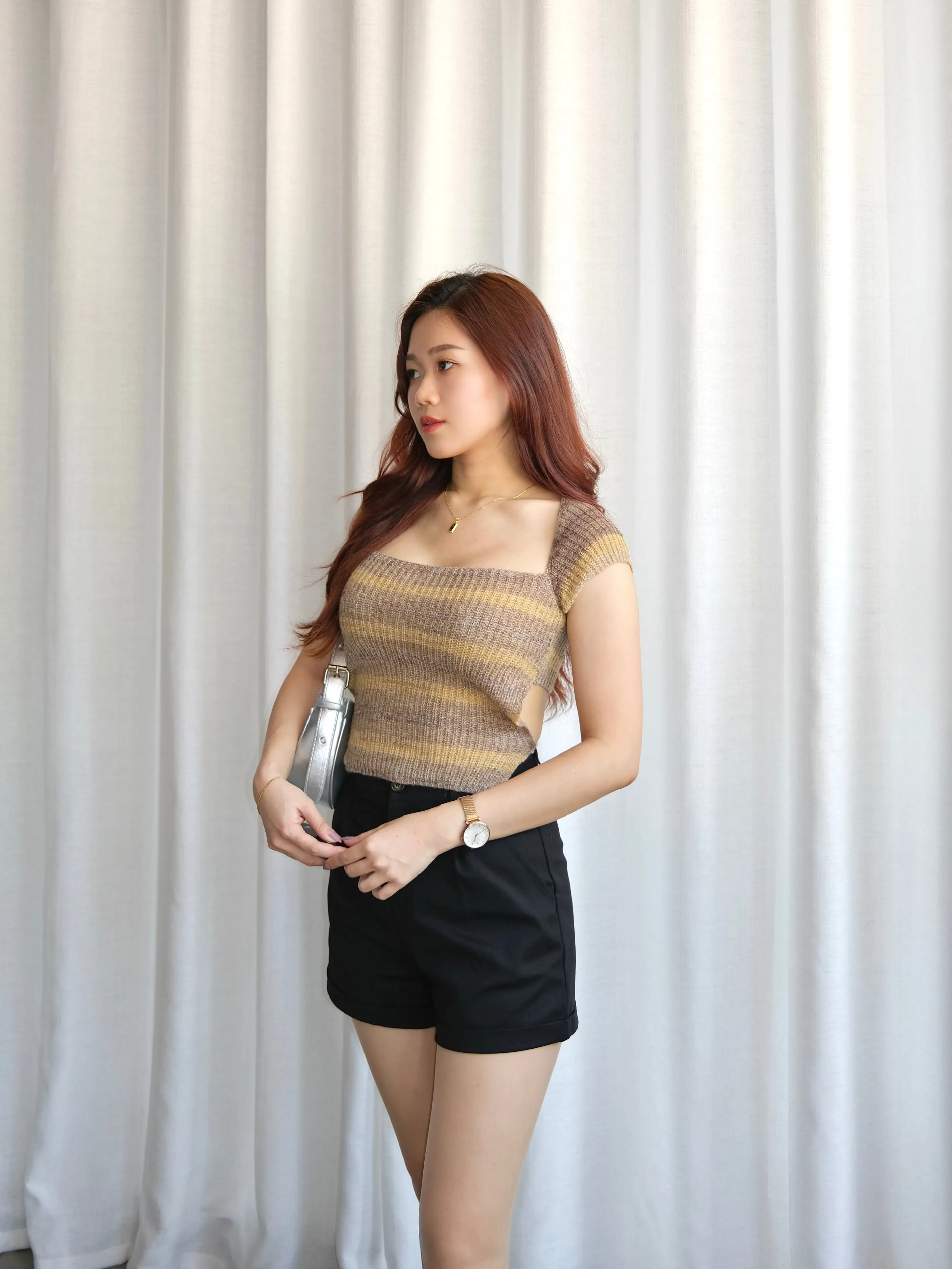 ACEWIN Gradient Tie Waist Knit Crop Top (Free Size) 110335