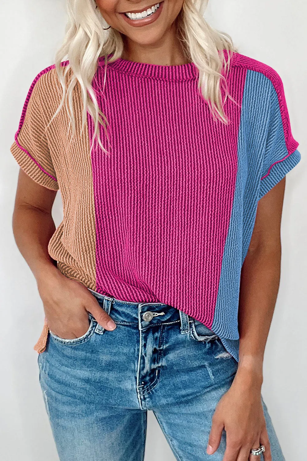 Apricot Pink Colorblock Crinkle Rib Round Neck T Shirt