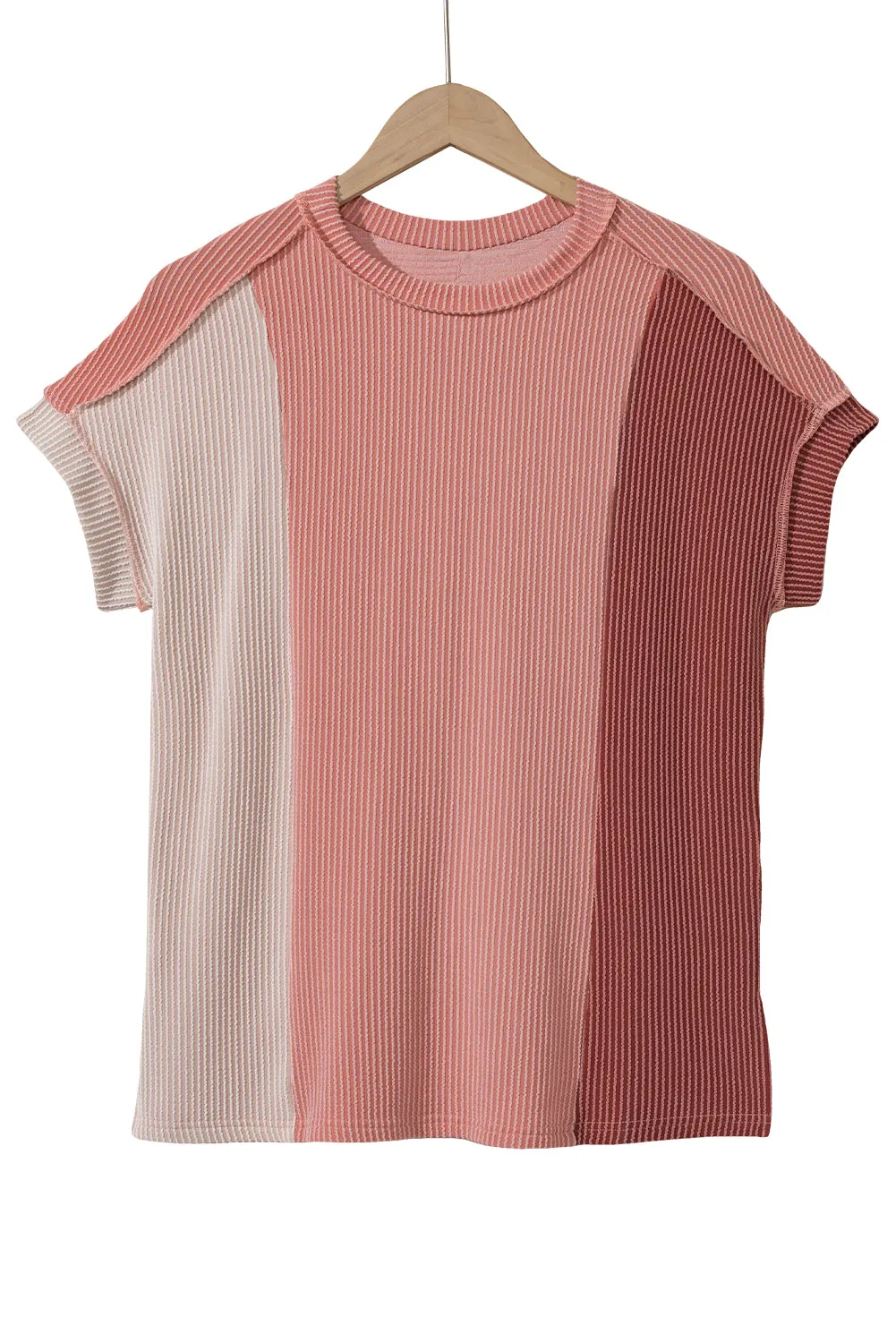 Apricot Pink Colorblock Crinkle Rib Round Neck T Shirt