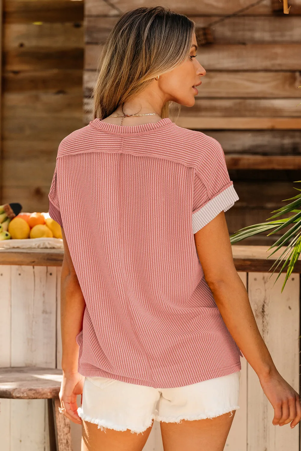 Apricot Pink Colorblock Crinkle Rib Round Neck T Shirt