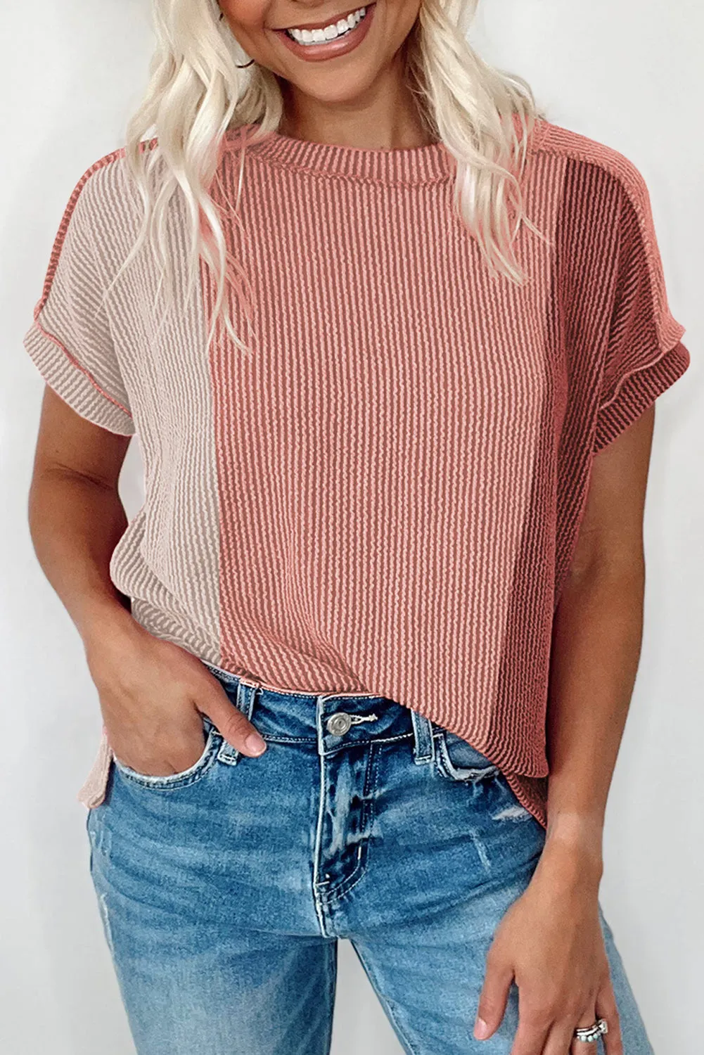 Apricot Pink Colorblock Crinkle Rib Round Neck T Shirt