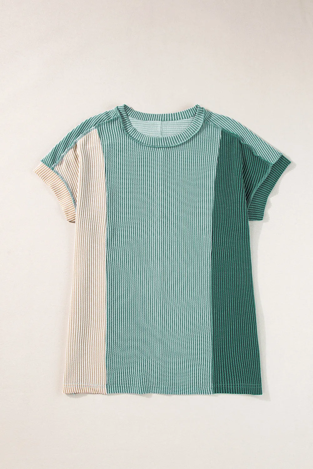 Apricot Pink Colorblock Crinkle Rib Round Neck T Shirt