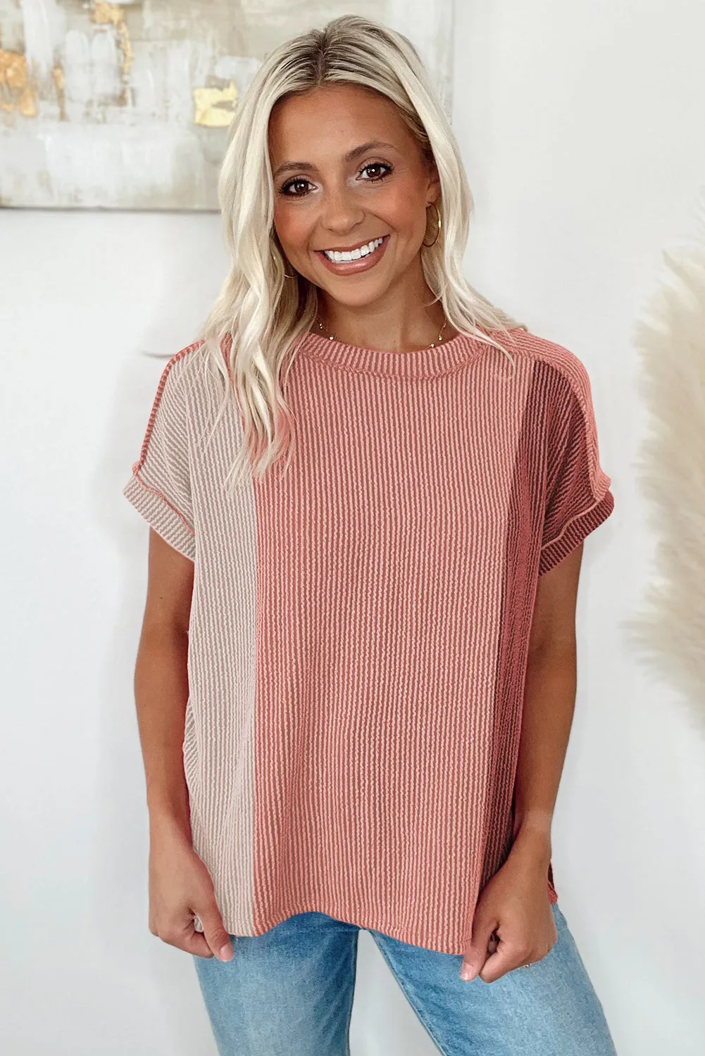 Apricot Pink Colorblock Crinkle Rib Round Neck T Shirt