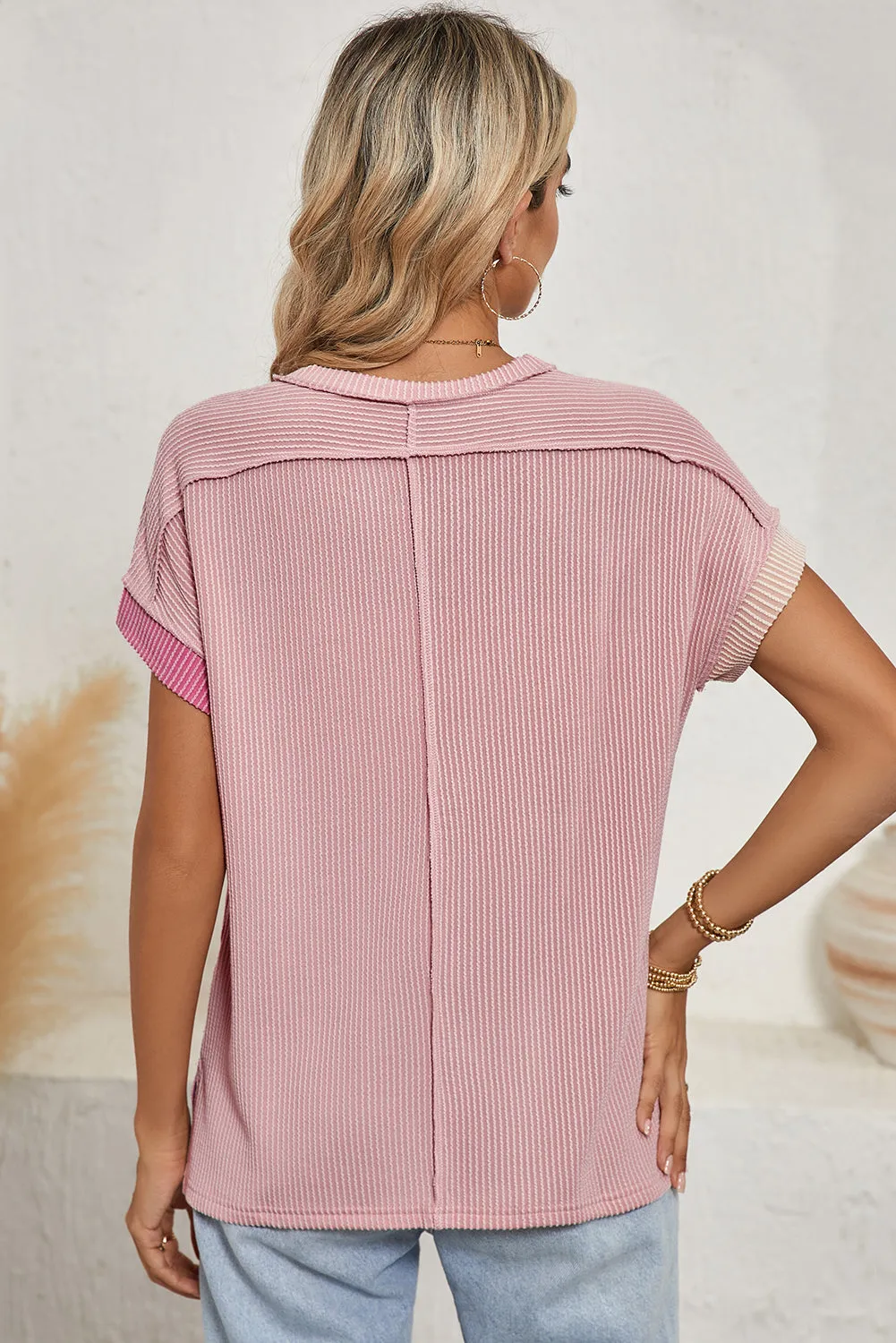 Apricot Pink Colorblock Crinkle Rib Round Neck T Shirt