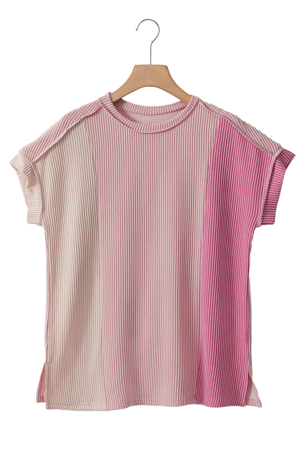 Apricot Pink Colorblock Crinkle Rib Round Neck T Shirt