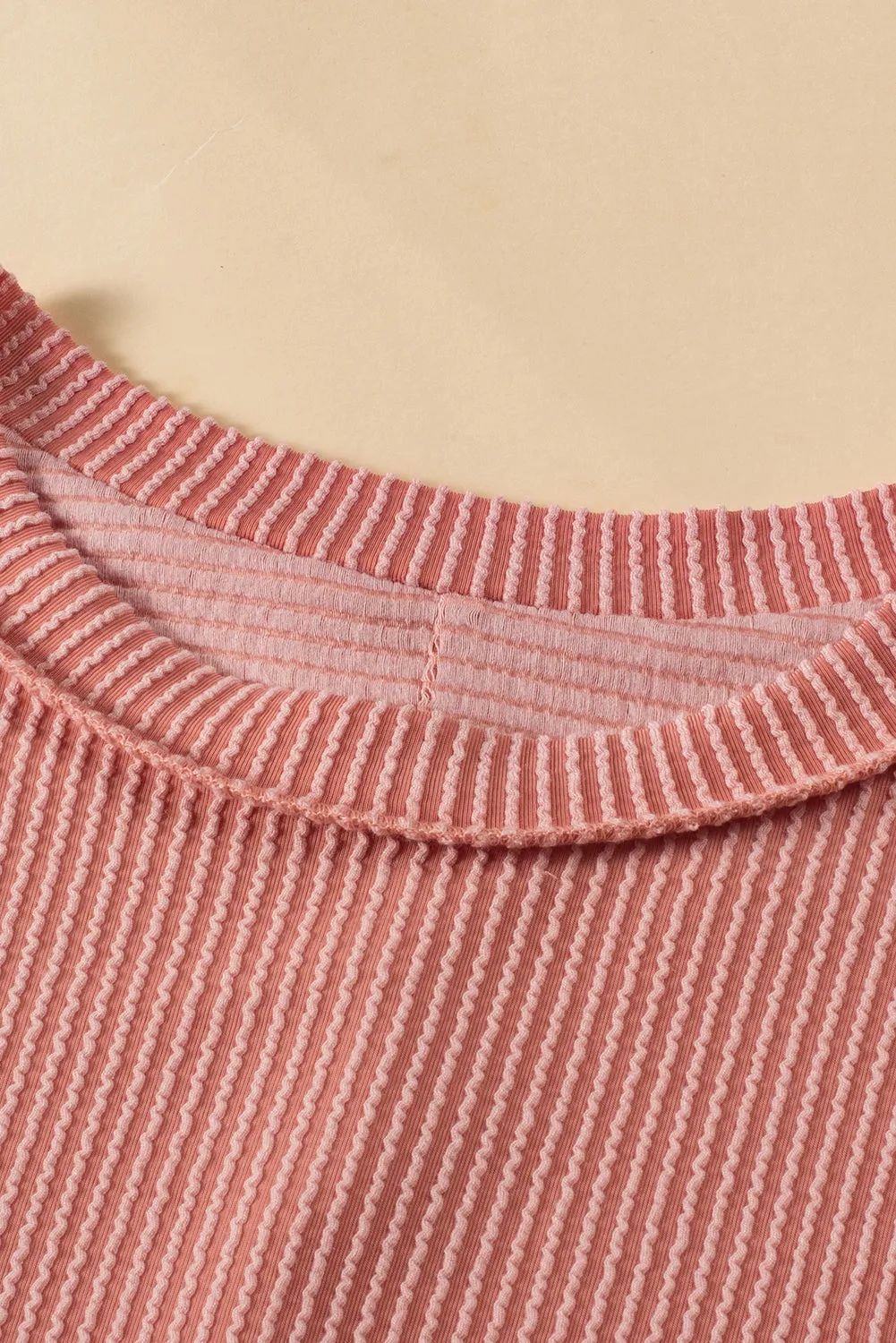 Apricot Pink Colorblock Crinkle Rib Round Neck T Shirt