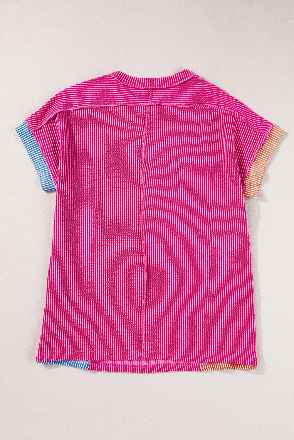 Apricot Pink Colorblock Crinkle Rib Round Neck T Shirt