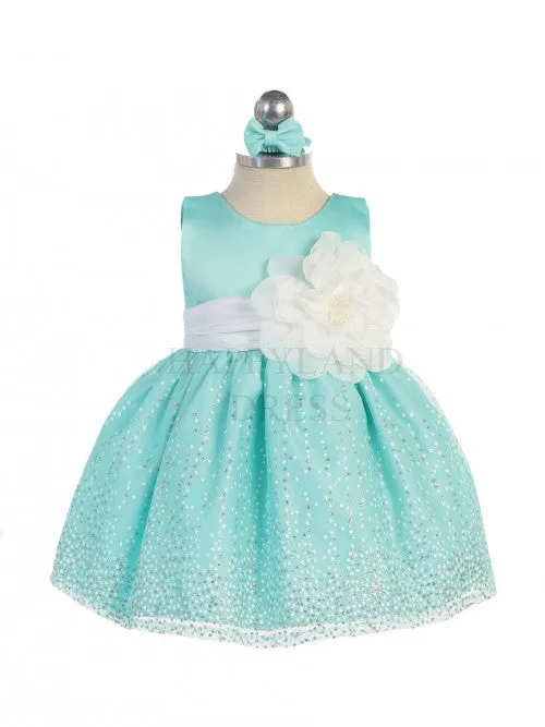 Aqua Sleeveless Satin Bodice Infant Girl Dress with Sparkle Tulle Skirt