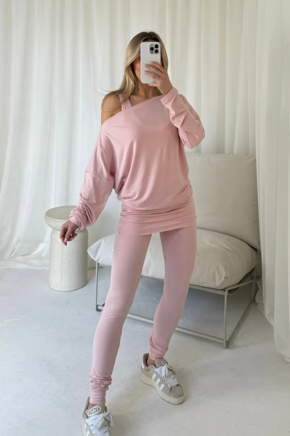 Ariel baby pink bat sleeve vest three piece loungewear set