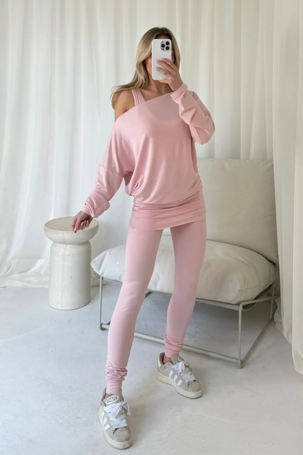 Ariel baby pink bat sleeve vest three piece loungewear set