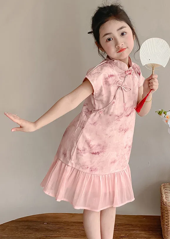 Art Pink Stand Collar Print Patchwork Kids Maxi Dress Short Sleeve MN021