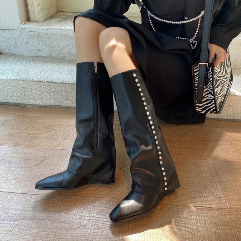 Autumn and Winter New Fashion Korean Style Pantyhose Boots below the Knee High Leg Boot Square Toe Wedge High Heel Pearl Boots