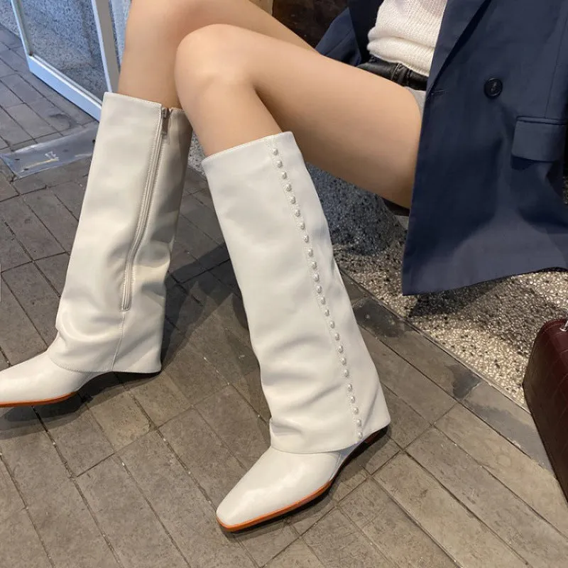 Autumn and Winter New Fashion Korean Style Pantyhose Boots below the Knee High Leg Boot Square Toe Wedge High Heel Pearl Boots