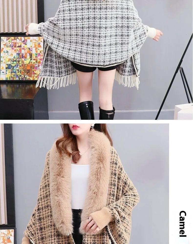 Autumn And Winter New Imitated Mink Cashmere Fur Collar Cape And Shawl Plus Size Tassel Knitted Cardigan