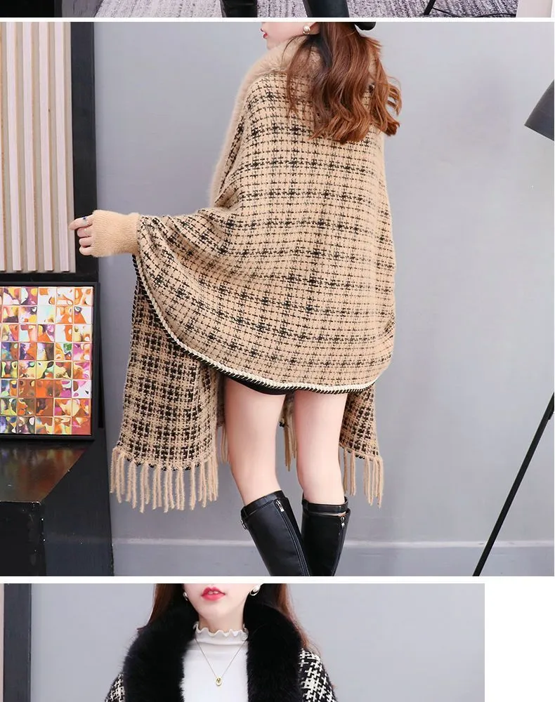 Autumn And Winter New Imitated Mink Cashmere Fur Collar Cape And Shawl Plus Size Tassel Knitted Cardigan