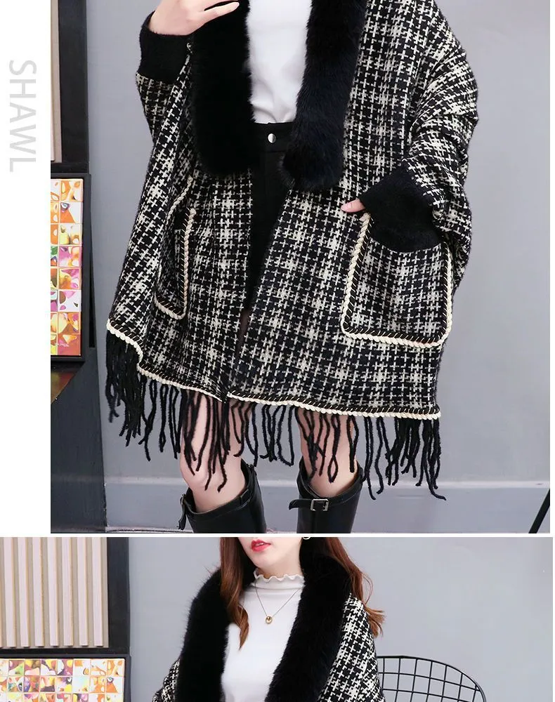 Autumn And Winter New Imitated Mink Cashmere Fur Collar Cape And Shawl Plus Size Tassel Knitted Cardigan