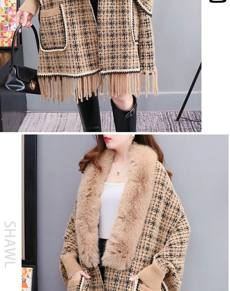 Autumn And Winter New Imitated Mink Cashmere Fur Collar Cape And Shawl Plus Size Tassel Knitted Cardigan