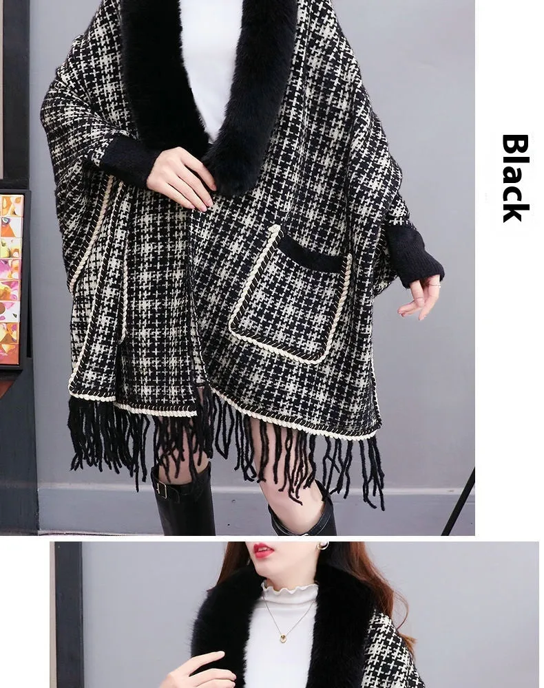 Autumn And Winter New Imitated Mink Cashmere Fur Collar Cape And Shawl Plus Size Tassel Knitted Cardigan