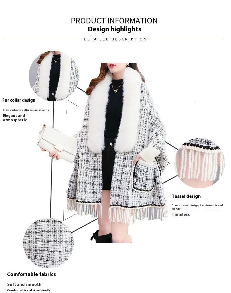 Autumn And Winter New Imitated Mink Cashmere Fur Collar Cape And Shawl Plus Size Tassel Knitted Cardigan