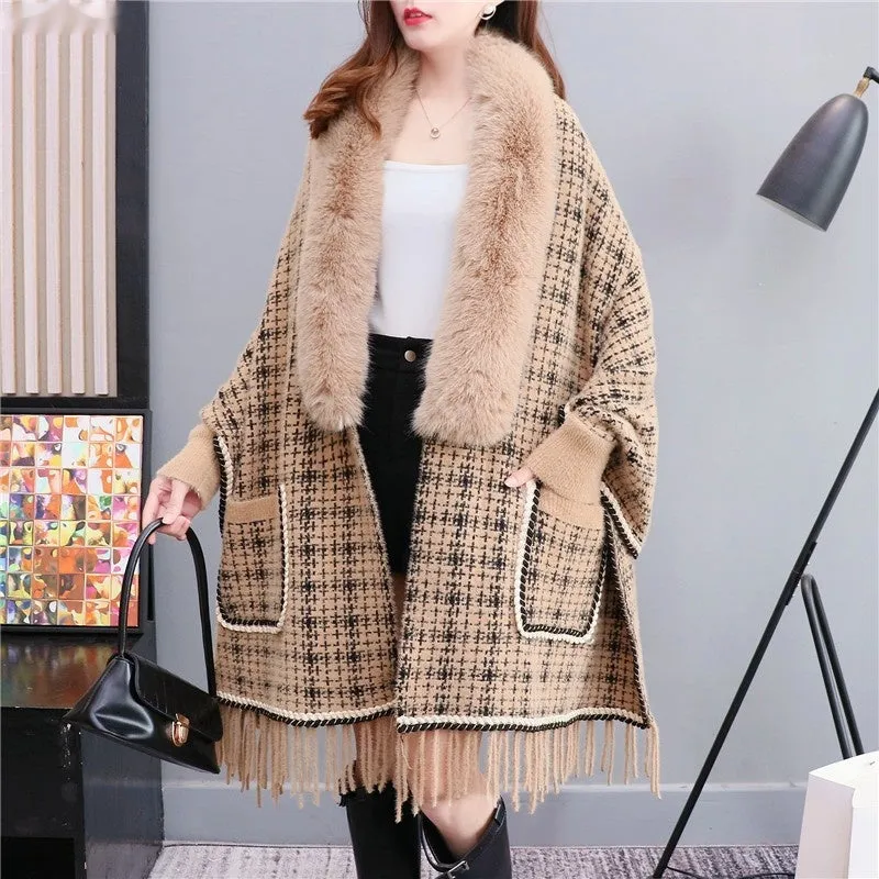 Autumn And Winter New Imitated Mink Cashmere Fur Collar Cape And Shawl Plus Size Tassel Knitted Cardigan