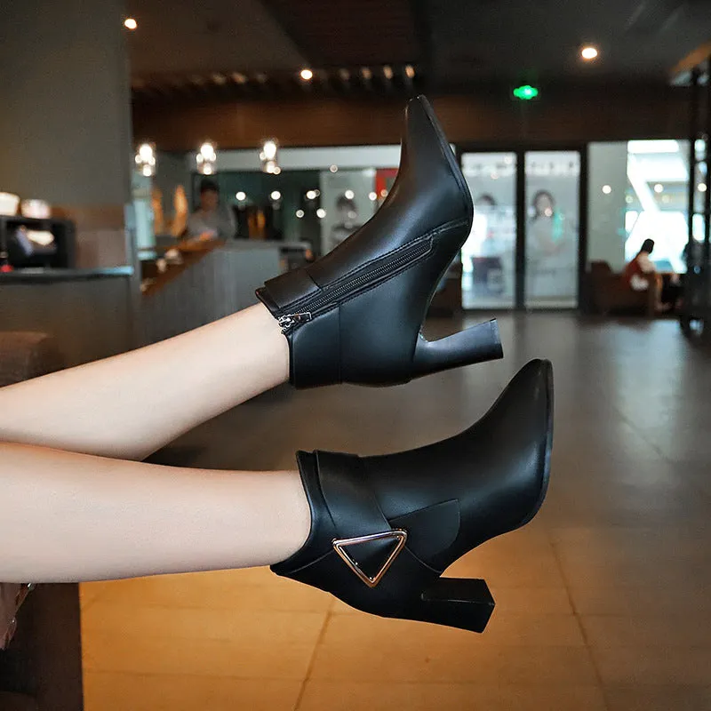 Autumn and Winter New Korean Style Chunky Heel Pointed Toe Foreign Trade in Stock Fashion Casual Side Zipper Slimming Fashion Women's Boots Fashion