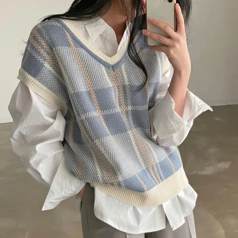 Autumn Winter Female Korean Loose Sweater Vest Vintage Office-lady V-neck Jumpers Pullover Women Knitted Tops Pull Femme FC8533