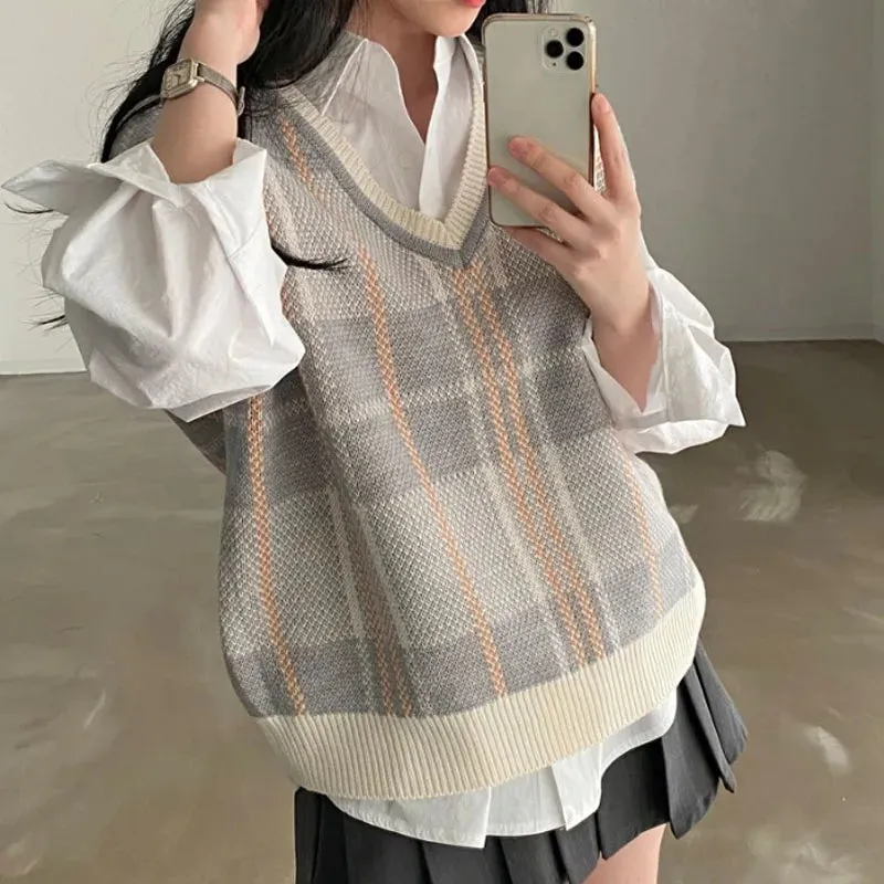 Autumn Winter Female Korean Loose Sweater Vest Vintage Office-lady V-neck Jumpers Pullover Women Knitted Tops Pull Femme FC8533