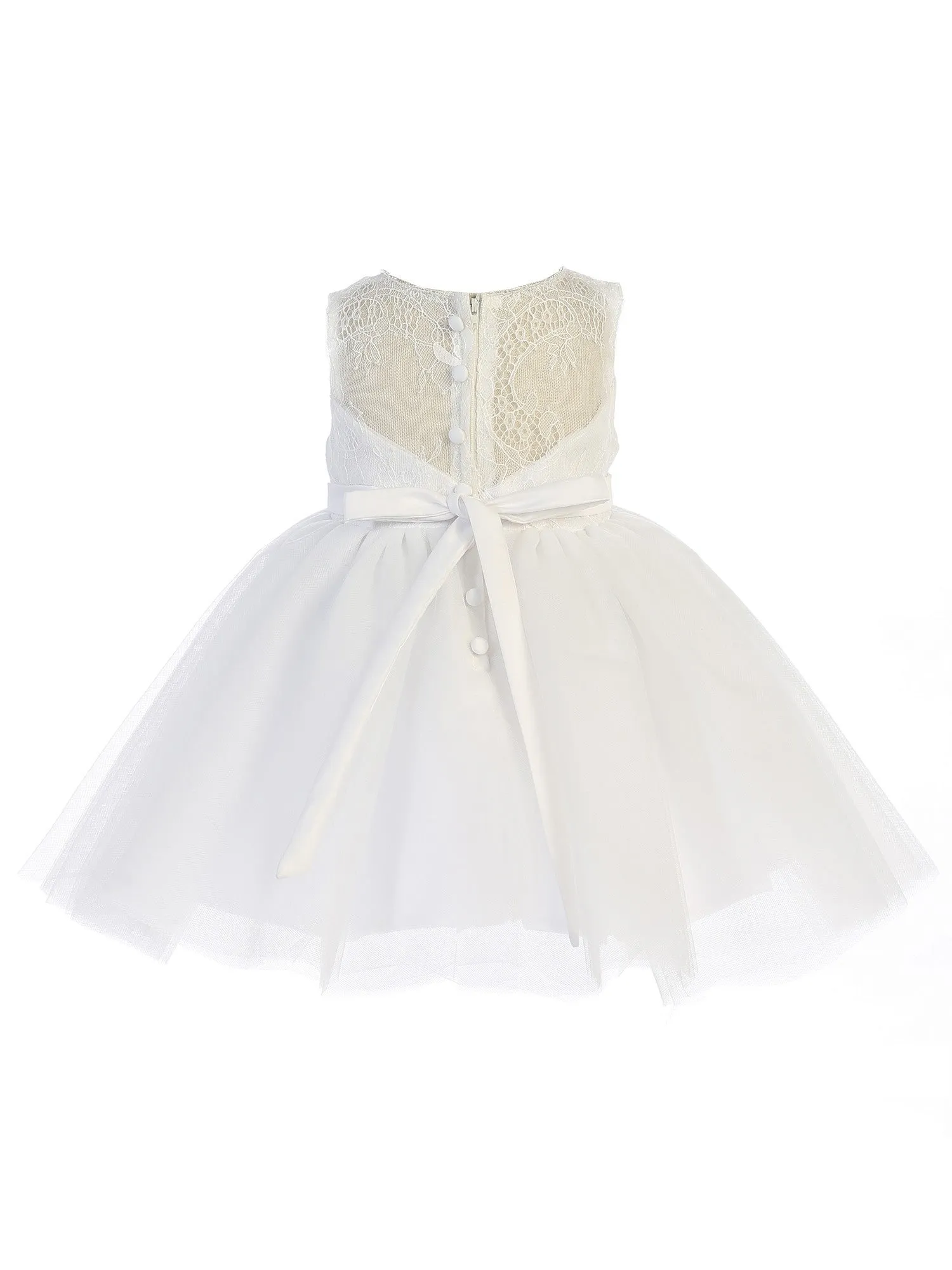 Baby Girls Ivory Illusion Neckline Bow Satin Sash Flower Girl Dress 6-24M