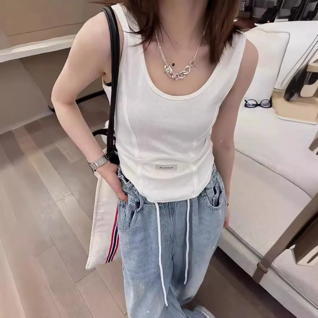 Baiyi Factory Direct Sales Solid Color Fishbone U Collar Vest Slimming Casual Short Sleeve T-shirt Top Women's  Summer Wear