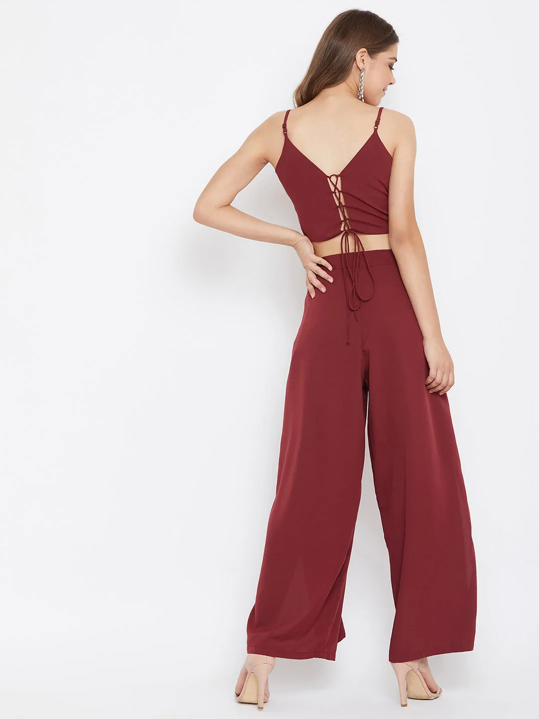 Berrylush Women Solid Maroon V-Neck Crop Top and Trousers Set