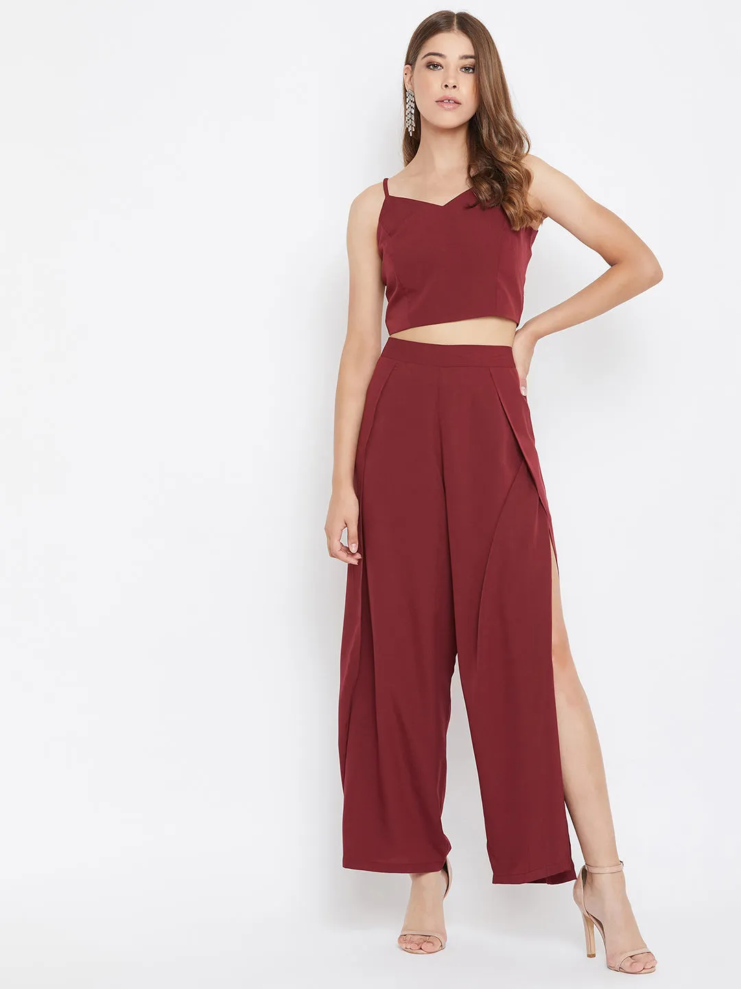 Berrylush Women Solid Maroon V-Neck Crop Top and Trousers Set