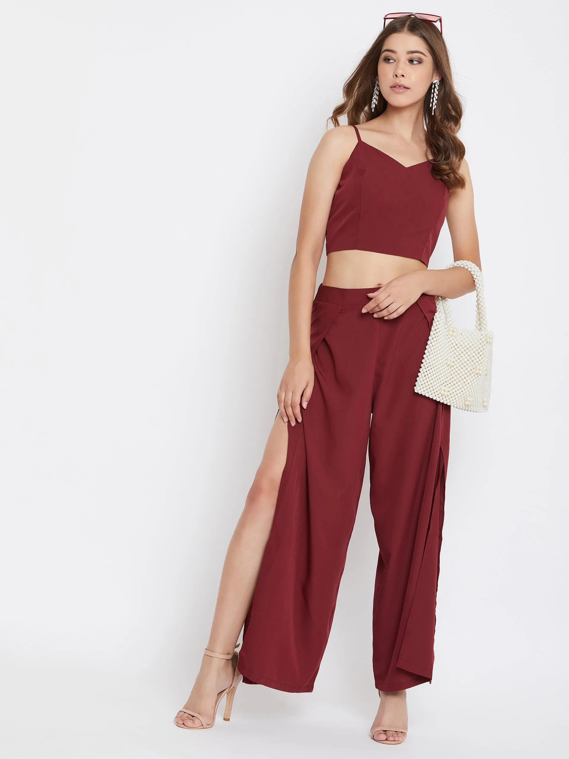 Berrylush Women Solid Maroon V-Neck Crop Top and Trousers Set