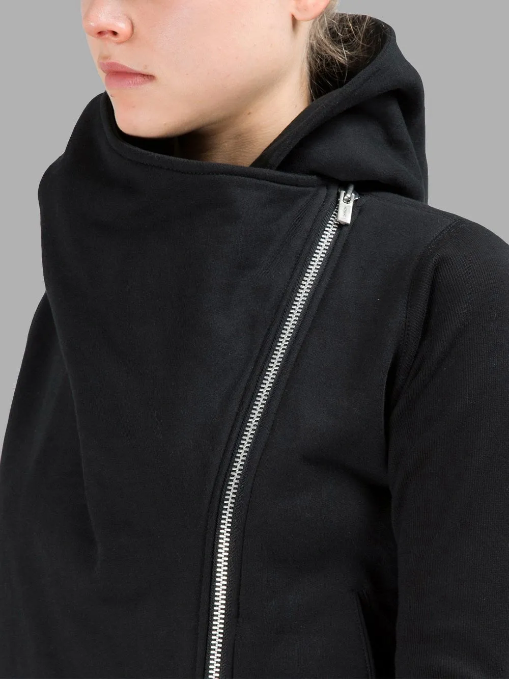 Black Assimetric Zip Collar Comb / Fleece Hood Sweatshirt Hoodie Dark