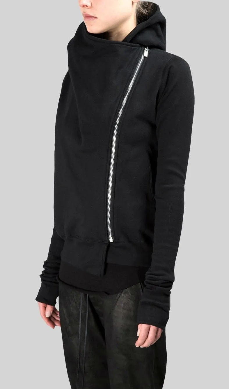 Black Assimetric Zip Collar Comb / Fleece Hood Sweatshirt Hoodie Dark