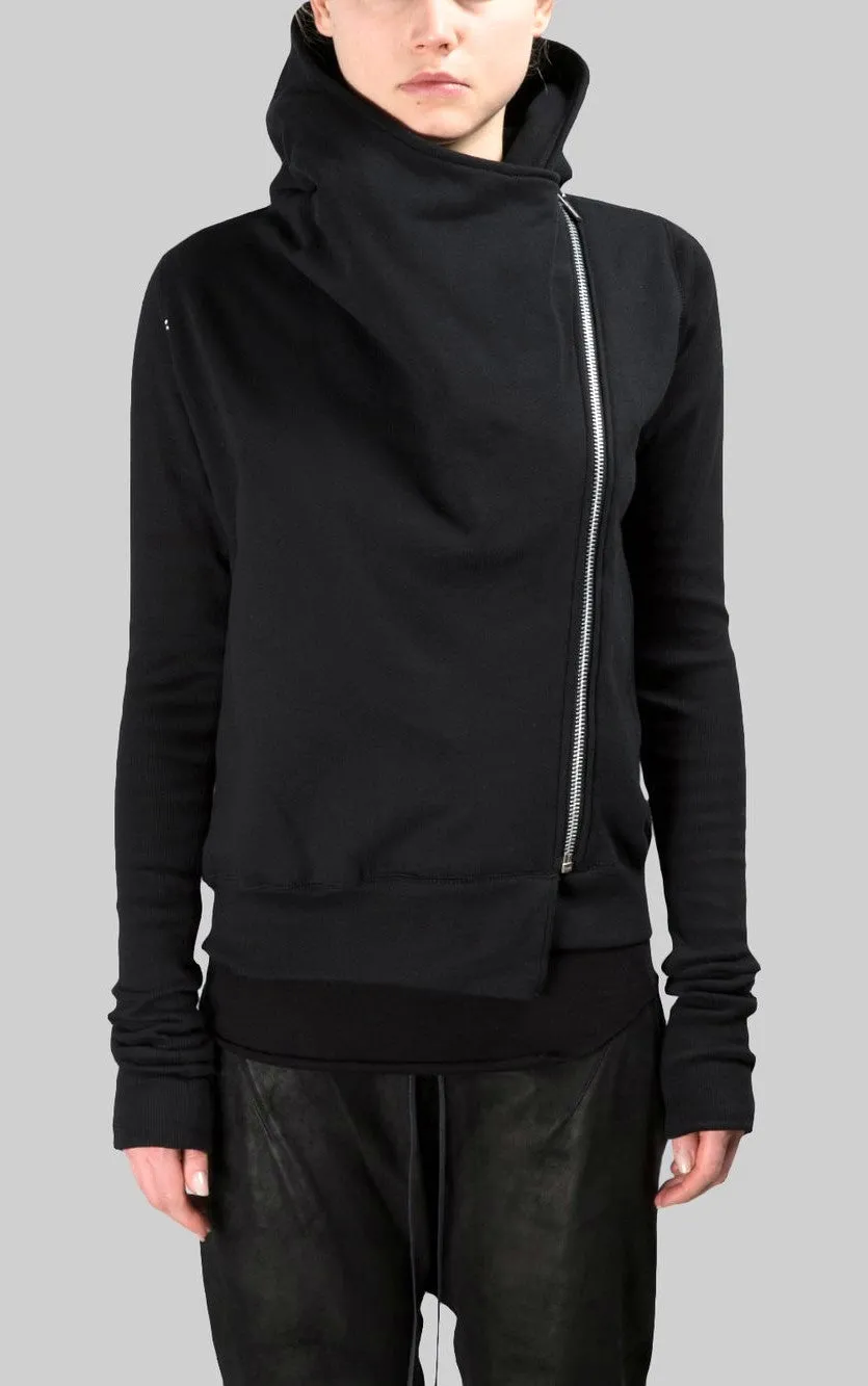 Black Assimetric Zip Collar Comb / Fleece Hood Sweatshirt Hoodie Dark