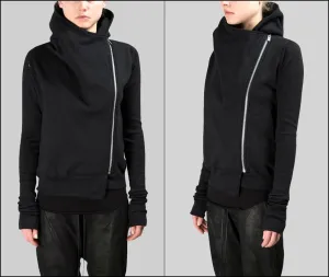 Black Assimetric Zip Collar Comb / Fleece Hood Sweatshirt Hoodie Dark