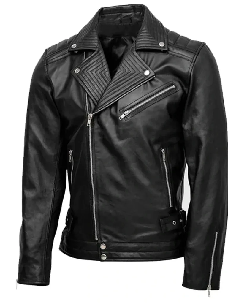 Black Biker Style Quilted Leather Jacket